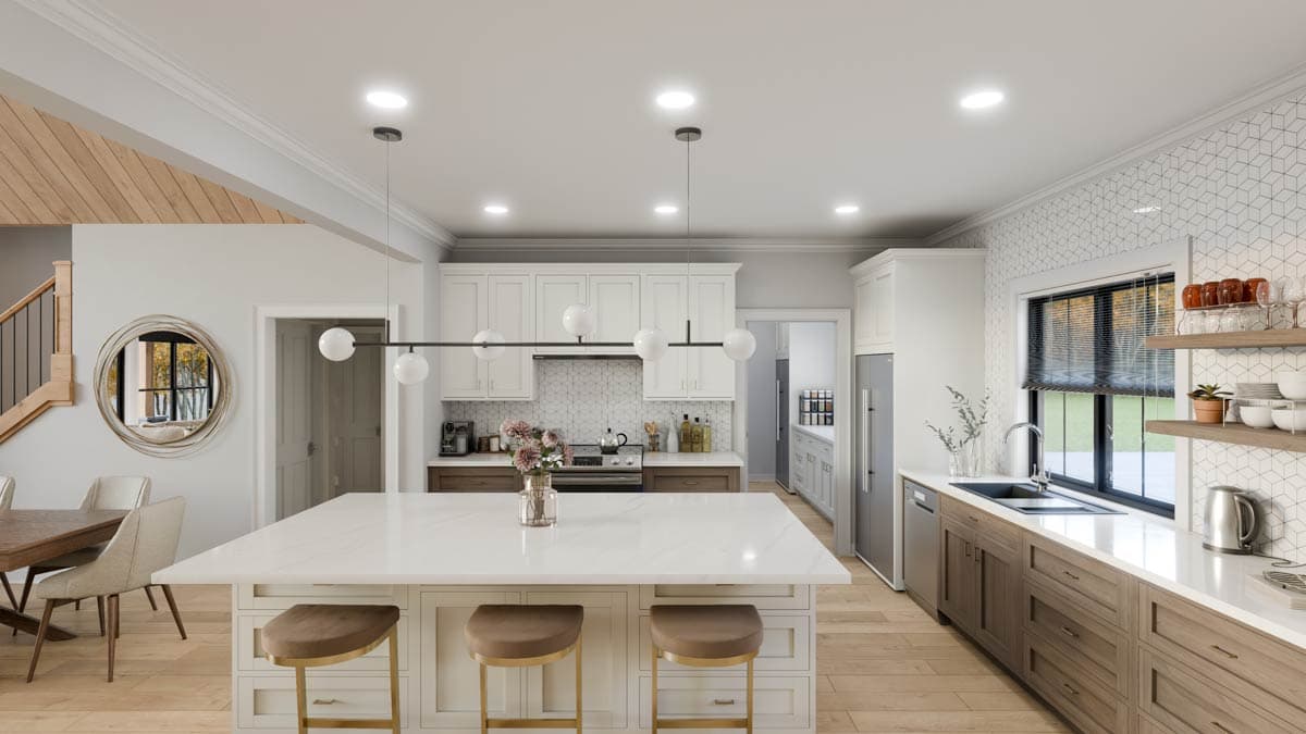 Kitchen with island, white cabinets, wood lowers, mosaic backsplash, and large window.