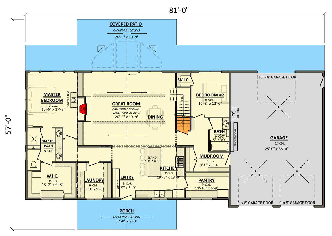 Plan 911058JVD: 2-Bed Modern Farmhouse with Vaulted Living and 3-Car Garage - Floor Plan - Main Level - Modern Farmhouse, New American