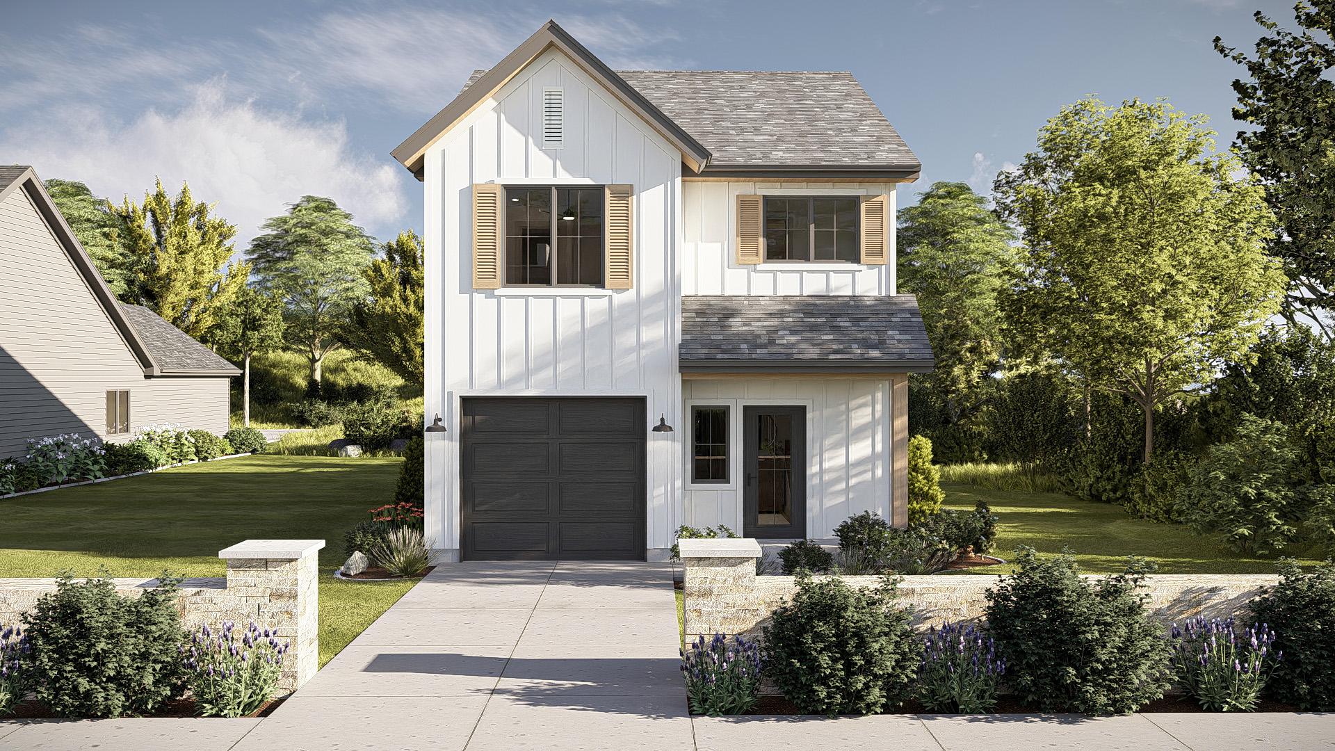 House plan exterior. Two-story Modern Farmhouse with board and batten siding, gabled roof, and attached garage. Includes shutters and wood accents.
