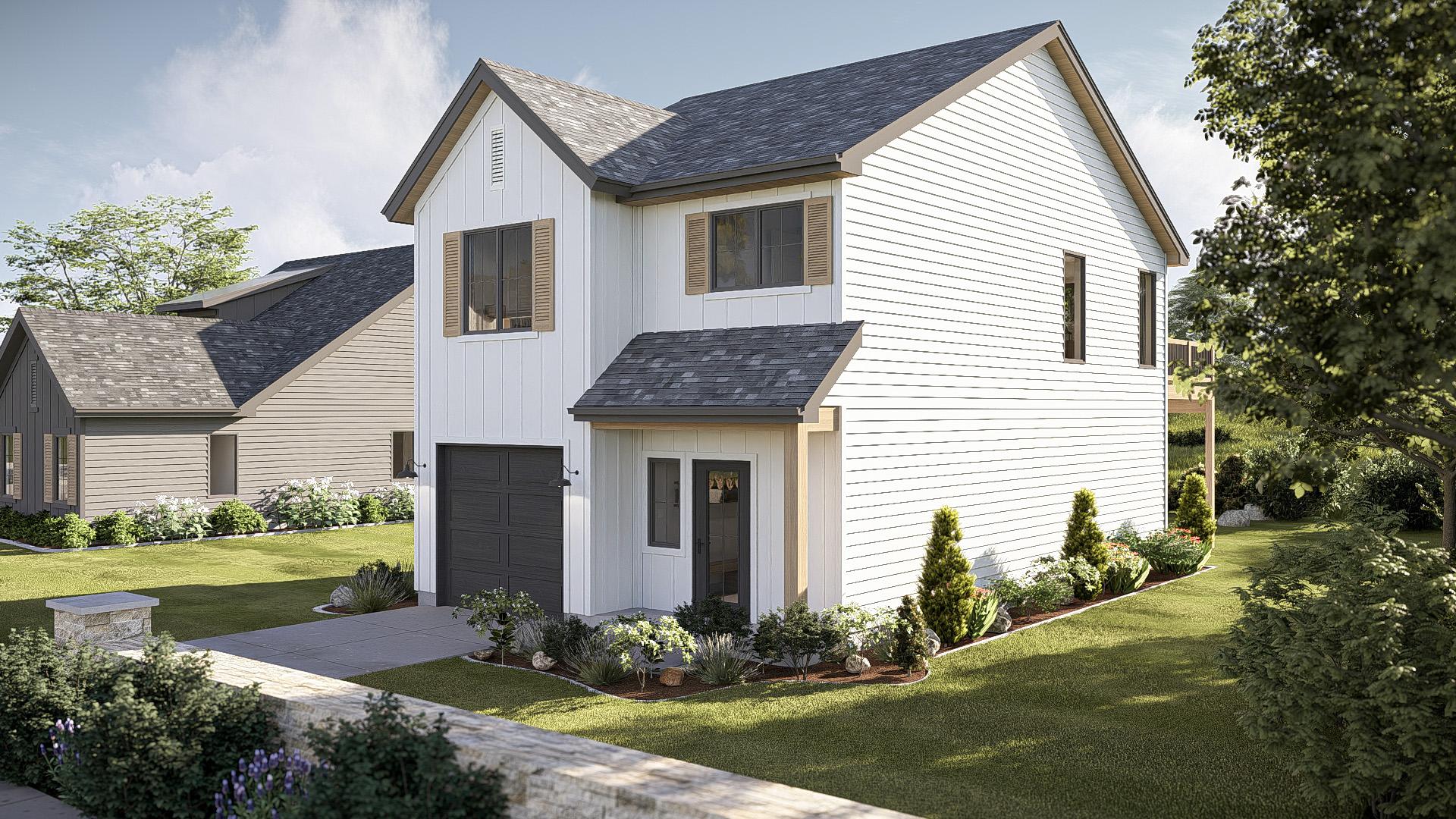 Modern Farmhouse house plan exterior, two stories, white siding, gables, dormers, and side-facing garage.