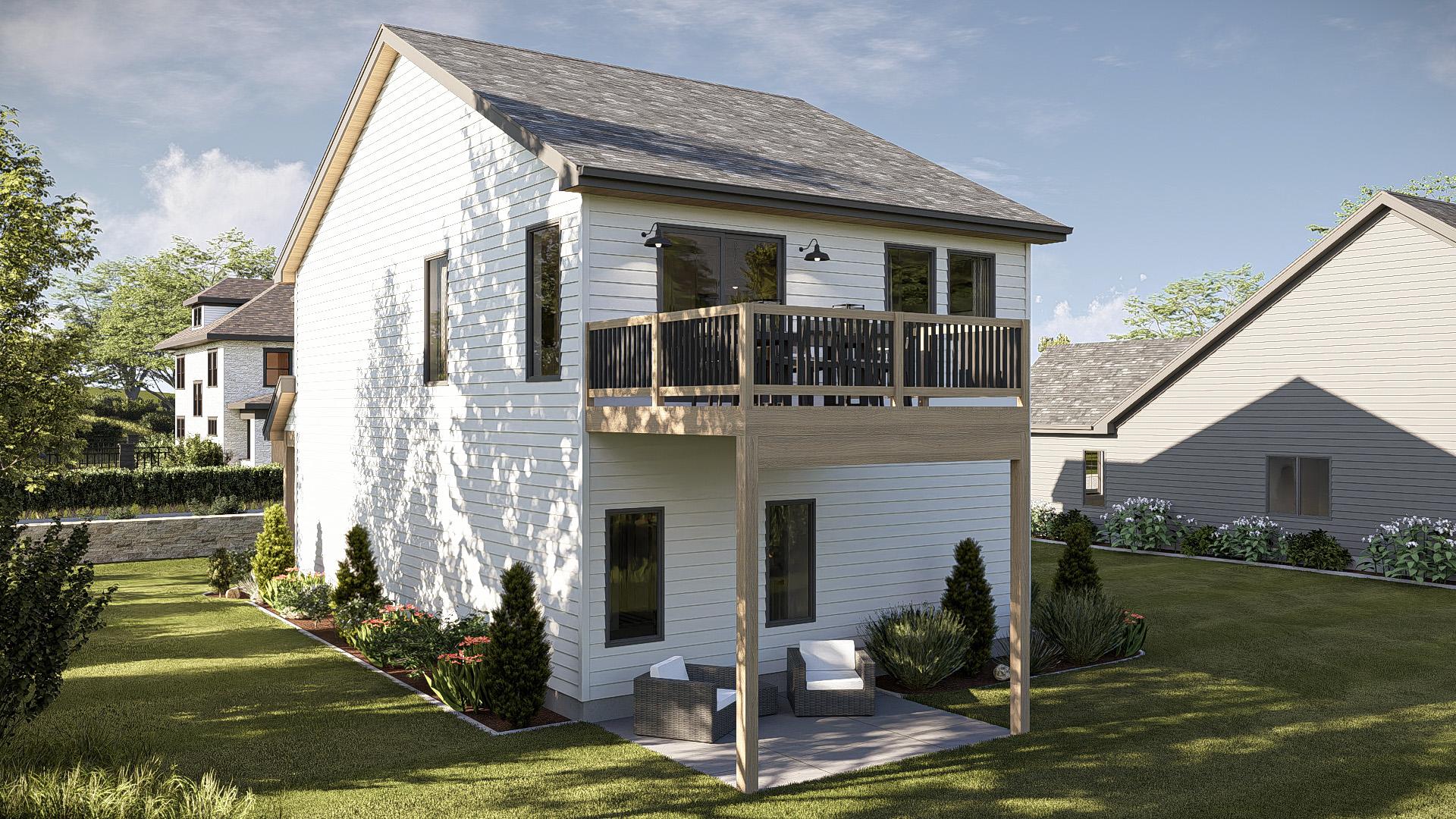 House plan exterior: Two-story modern home with white clapboard siding, upper-level deck, and lower patio.