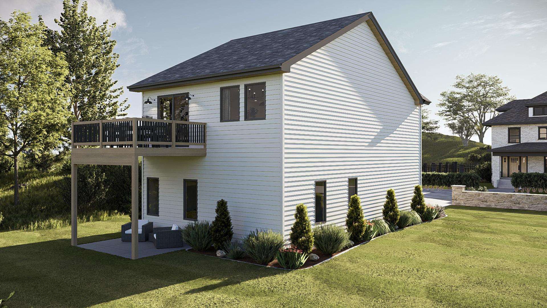 Two-story house plan exterior with horizontal siding, upper deck with dark railing, and lower patio.