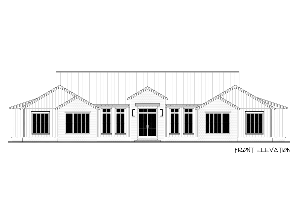 Front elevation of a single-story house plan featuring a prominent gable roofline, brick accents, and a central double-door entry.