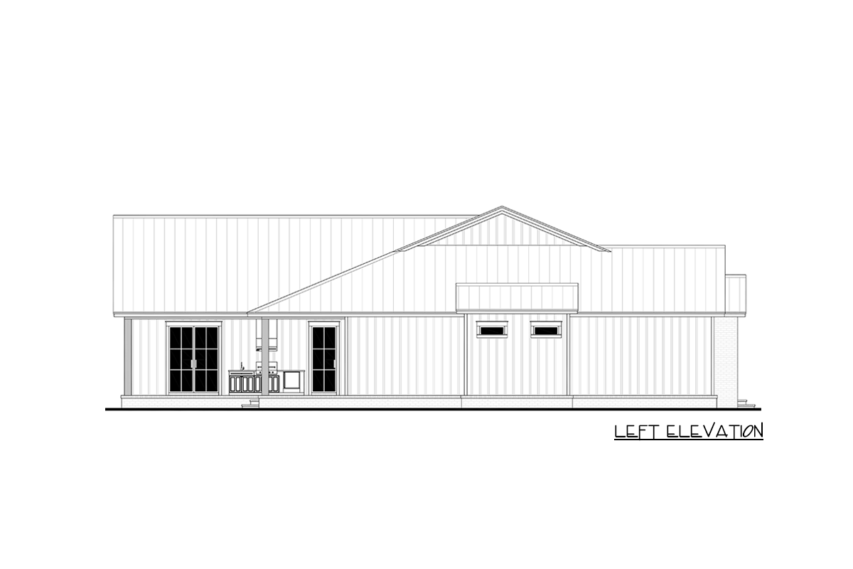 Left elevation drawing of a house plan with a gable roof, covered patio with outdoor kitchen, and two windows.