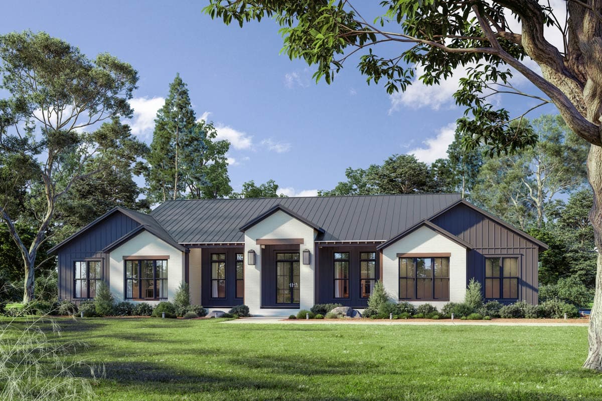 House plan exterior: Modern Farmhouse style, one-story, with a metal gable roof, covered entry, and mixed siding.