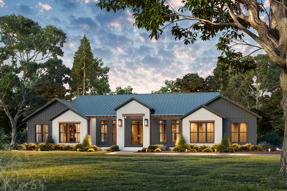 House plan exterior: Modern Farmhouse style, single-story, with gabled rooflines, wide windows, and a central covered entry.