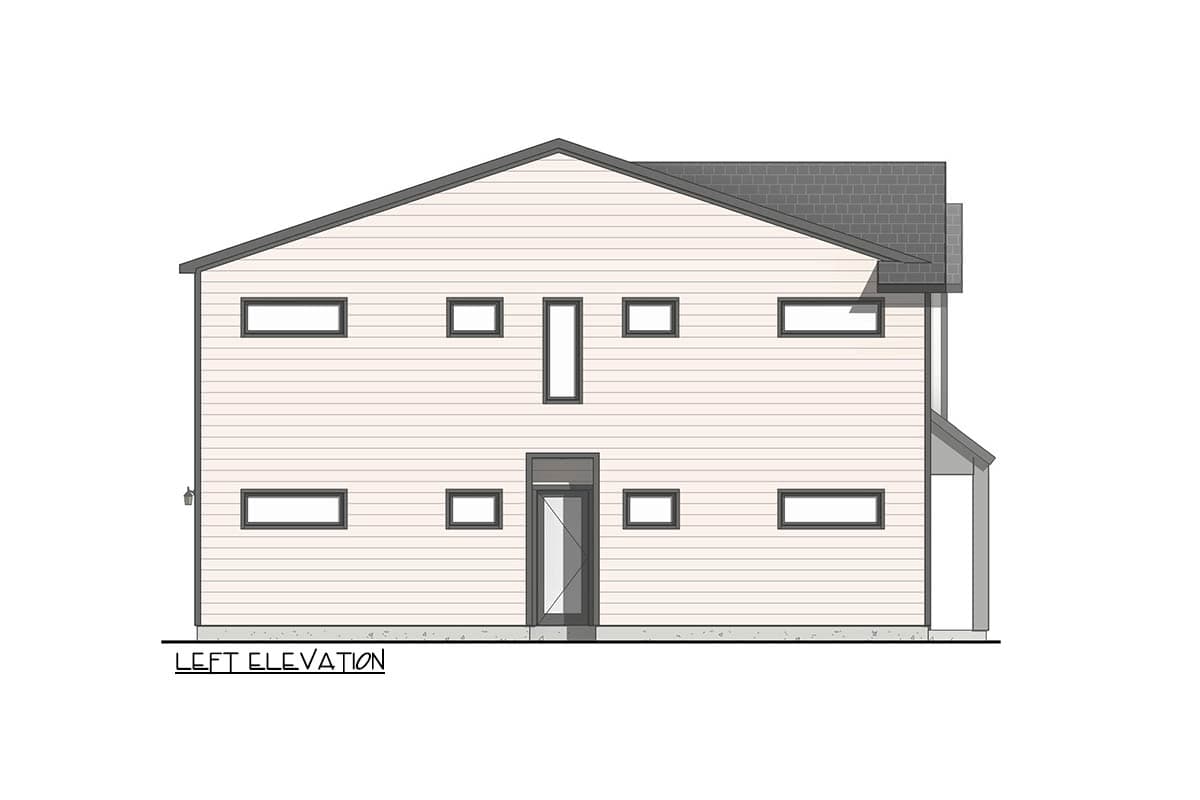 Left elevation house plan shows two stories with horizontal siding, multiple rectangular windows, and a central entrance.