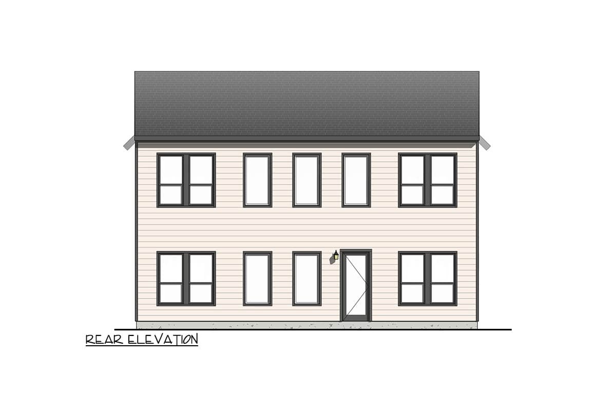 Rear elevation drawing of a two-story house with horizontal siding, multiple windows, and a central door.