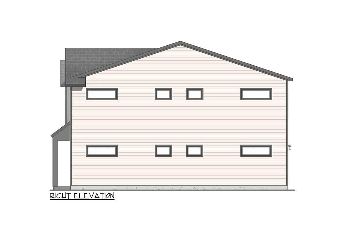 Right elevation drawing of a two-story house with horizontal siding, a sloped roof, and multiple rectangular windows.