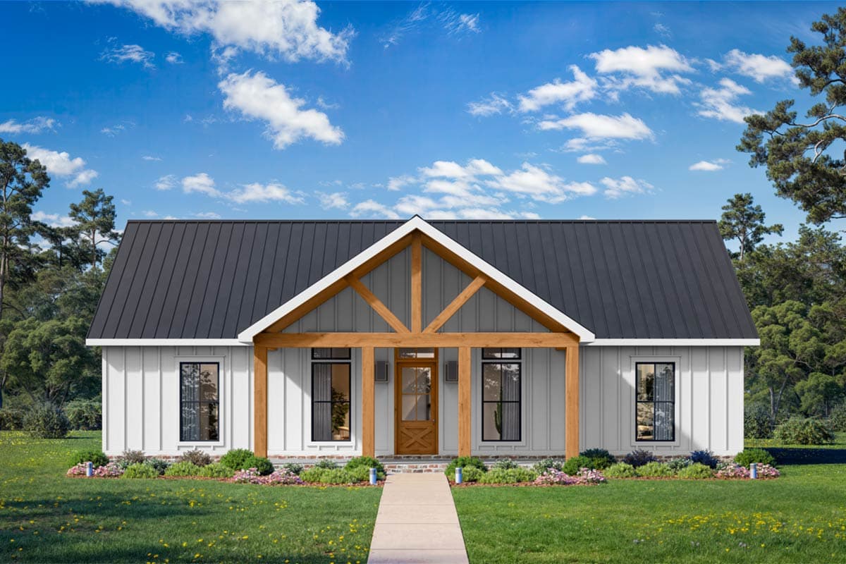 House plan exterior. Modern Farmhouse style with a single story, a covered porch with exposed beams, and a gable roof with dark metal roofing.