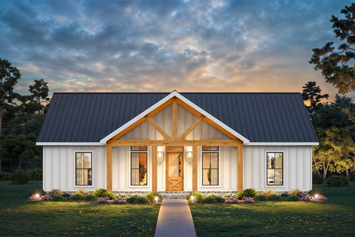 Modern Farmhouse house plan exterior with a gable roof, exposed wooden beams over the porch, and vertical siding.