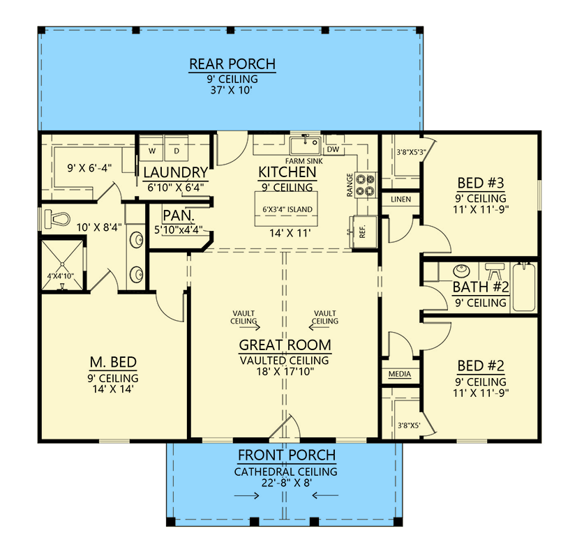 Plan 56558SM: 3-Bedroom Farmhouse Plan with Vaulted Living and Rear Porch - Floor Plan - Main Level - Barndominium, Country, Farmhouse, Modern Farmhouse