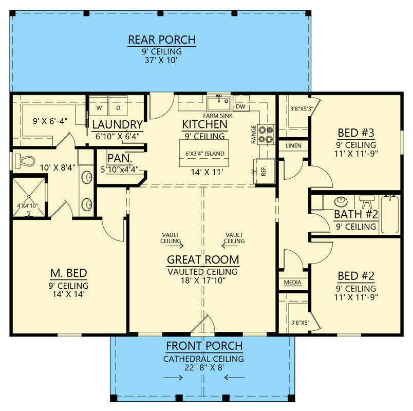 Plan 56558SM: 3-Bedroom Farmhouse Plan with Vaulted Living and Rear Porch - Floor Plan - Main Level - Barndominium, Country, Farmhouse, Modern Farmhouse