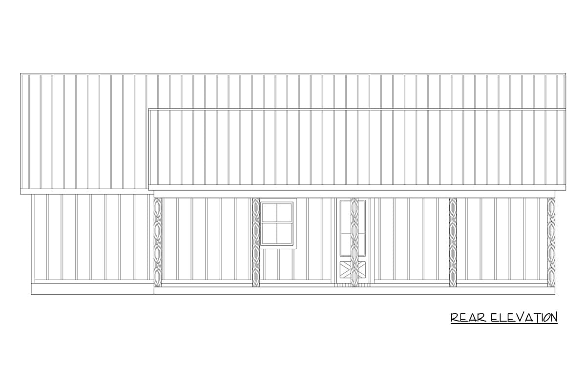 Rear elevation drawing of a house plan with a single window and a porch across the main level.