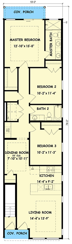 Plan 100354GHR: Narrow Modern Urban Duplex with Spacious Layout and Stylish Design - Floor Plan - Main Level - Contemporary, Mid Century Modern, Modern