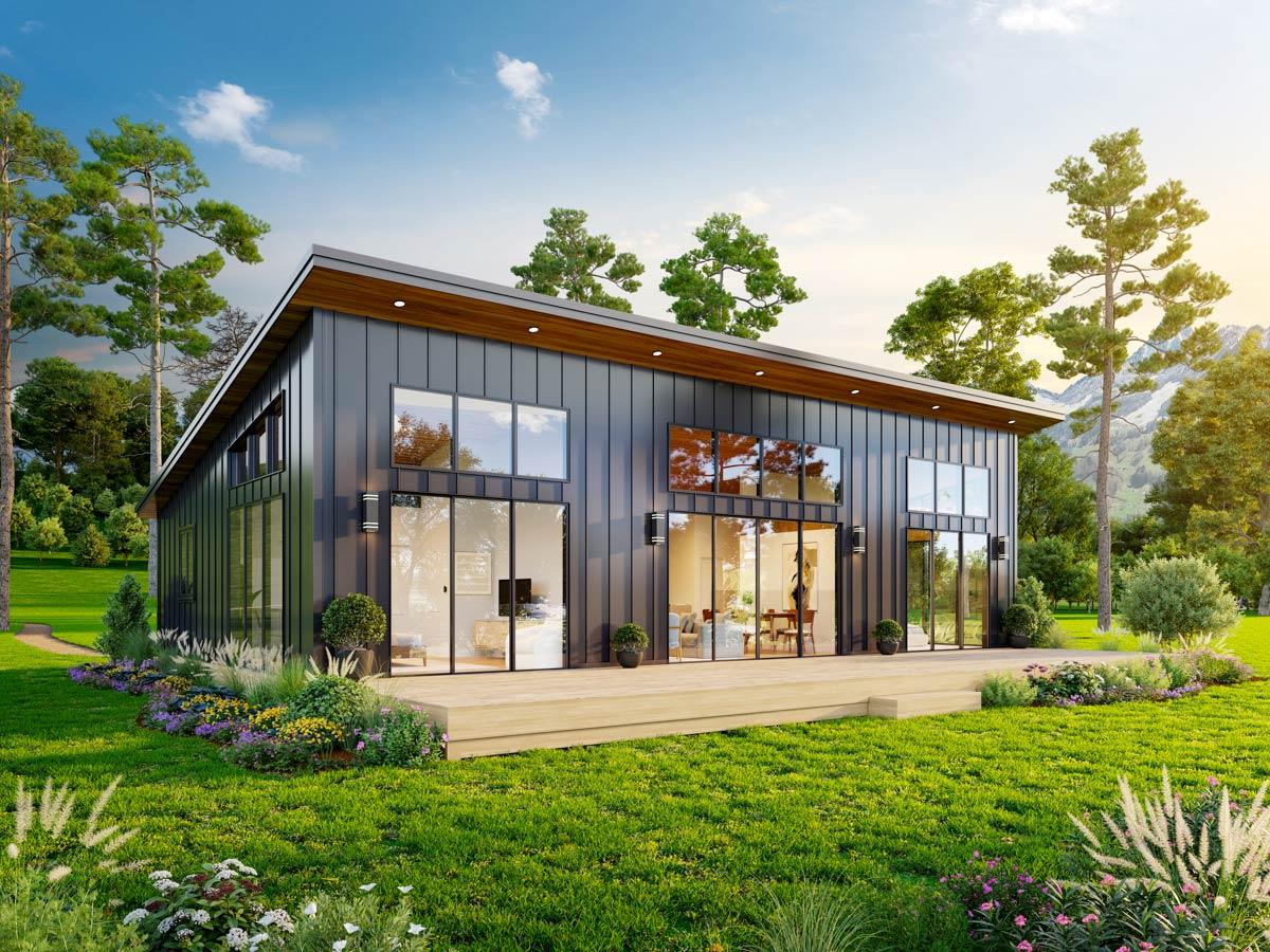 Modern house plan exterior with dark metal siding, a sloping roof, extensive glass walls, and a wooden deck.