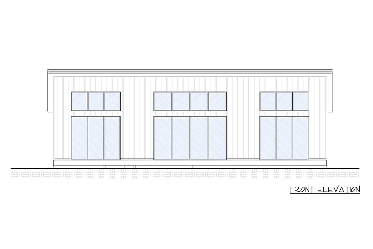 Front elevation drawing of a house plan featuring a linear arrangement of stacked windows and sliding glass doors on a single story.