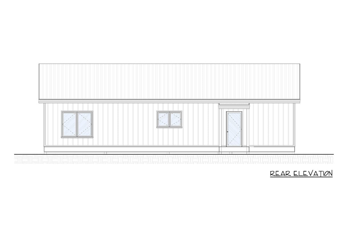 Rear elevation drawing of a house plan, showing two windows and a single door on the back facade.