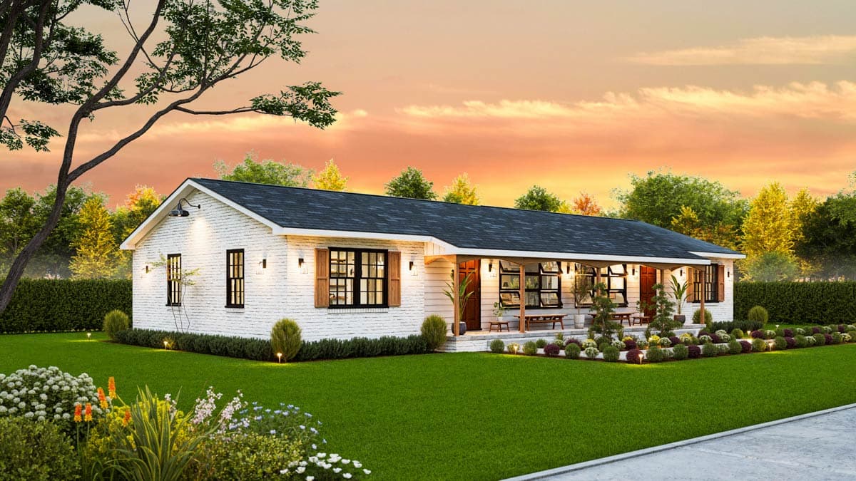 House plan exterior: single-story Modern Farmhouse with white brick, a covered front porch with seating, and dark-trimmed windows.