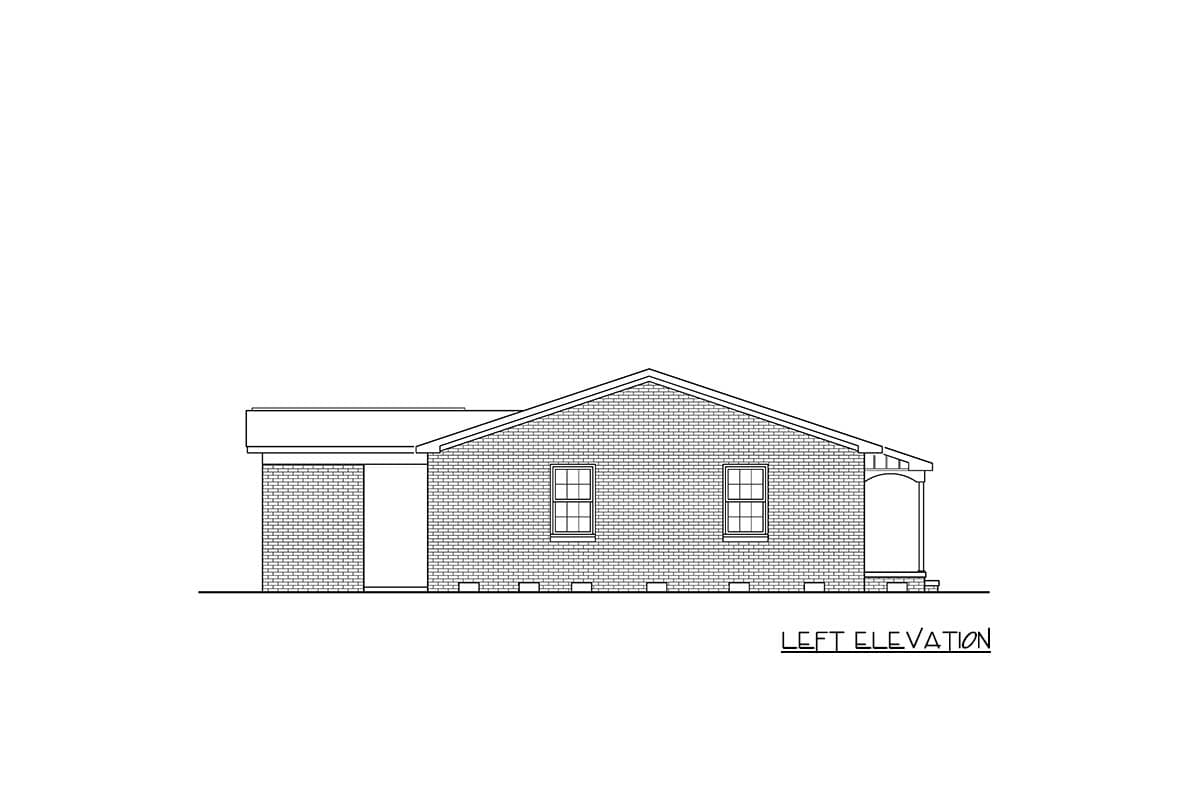 Left elevation drawing of a single-story house plan with brick siding, attached garage, two windows, and a covered porch.