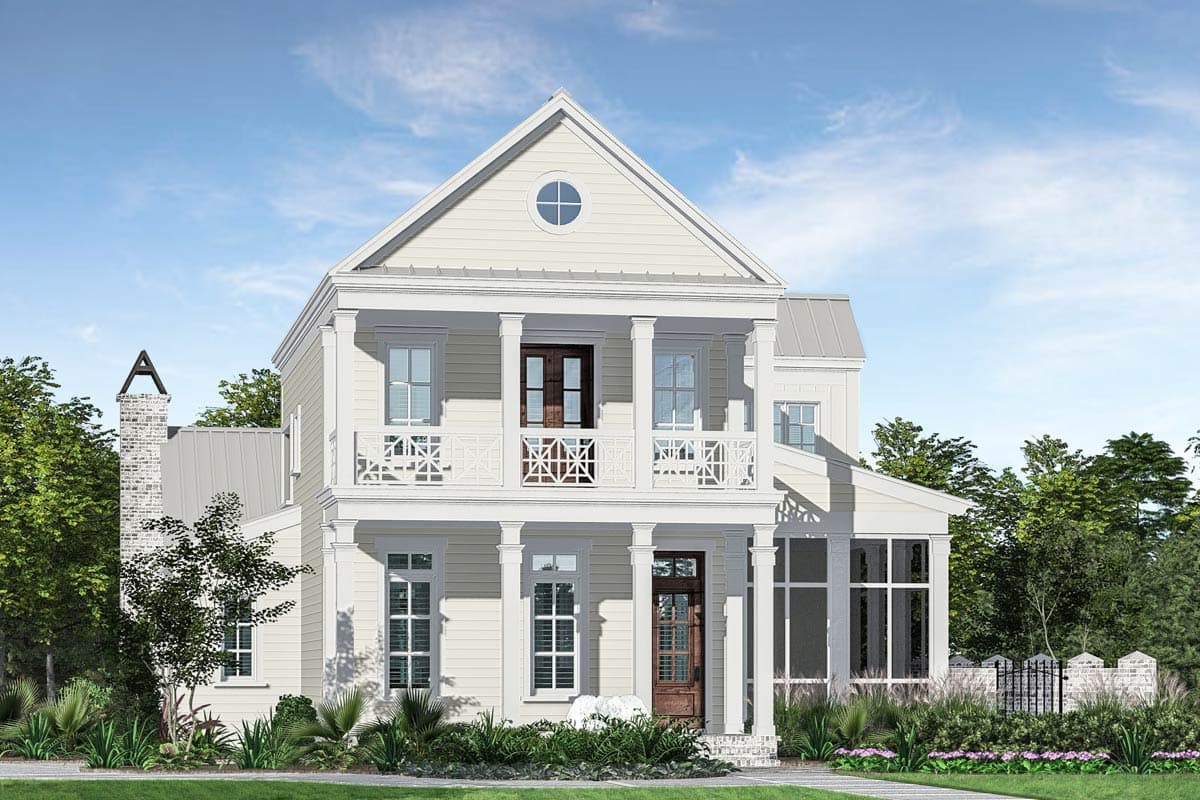 House plan exterior. Two-story home with a gabled roof, two-story porch with columns, and a round window in the gable.