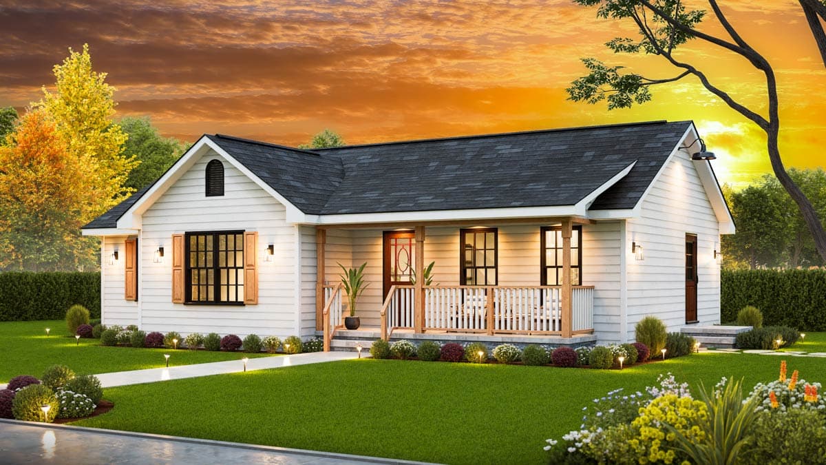 House plan exterior: Ranch style, single-story home with a covered front porch, gables, and white siding.