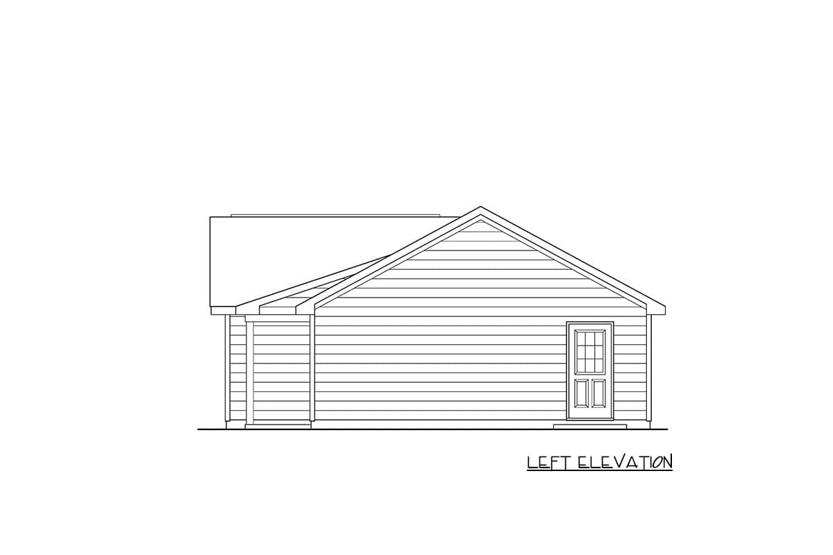 Left elevation drawing of a house plan showing a gabled roof, horizontal siding, and a single door.