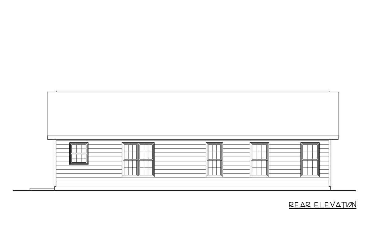 Rear elevation drawing of a one-story house with horizontal siding and six windows.