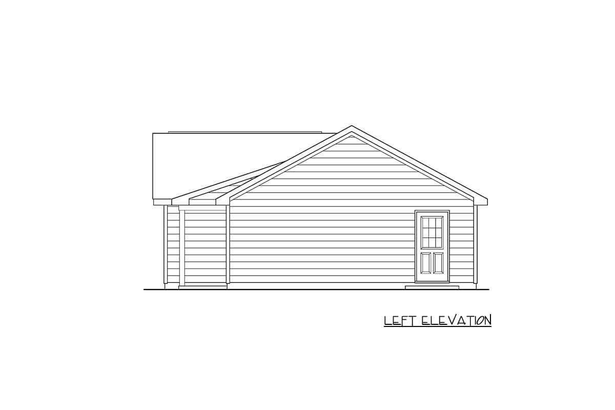 Left elevation drawing of a house plan showing horizontal siding, a gable end, and a door with multi-pane windows.
