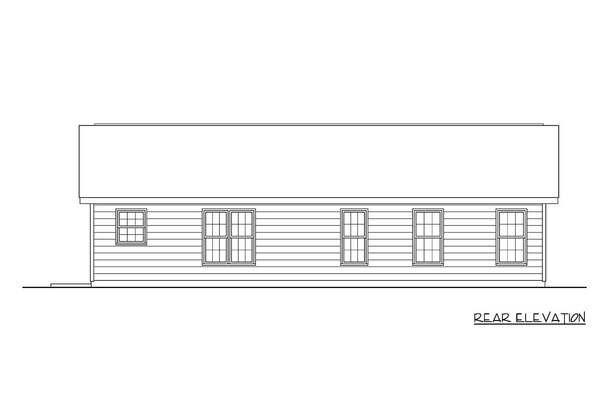 Rear elevation drawing of a house plan with horizontal siding and seven windows.