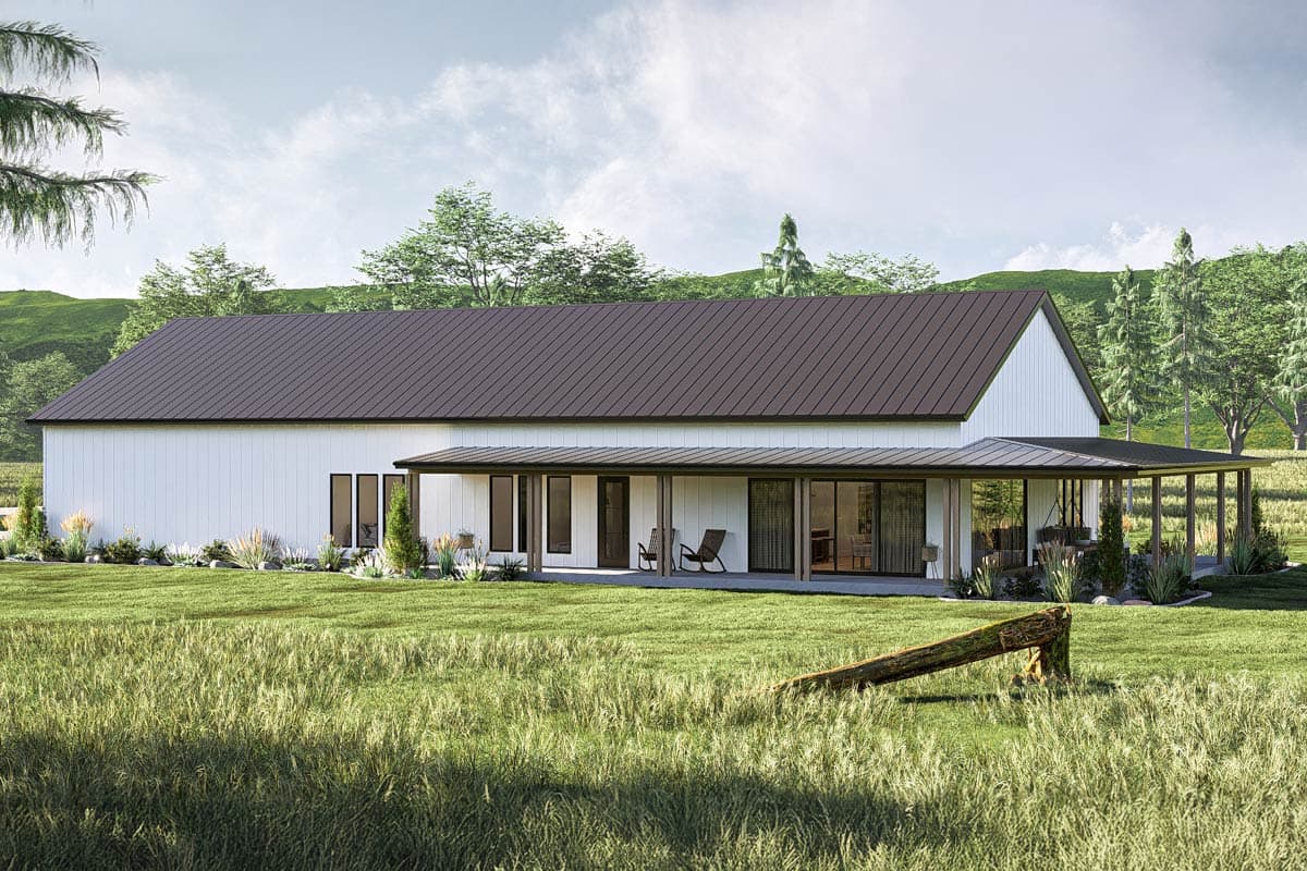 House plan exterior with modern farmhouse style, single story, and a large covered porch. Features include a metal roof and board and batten siding.