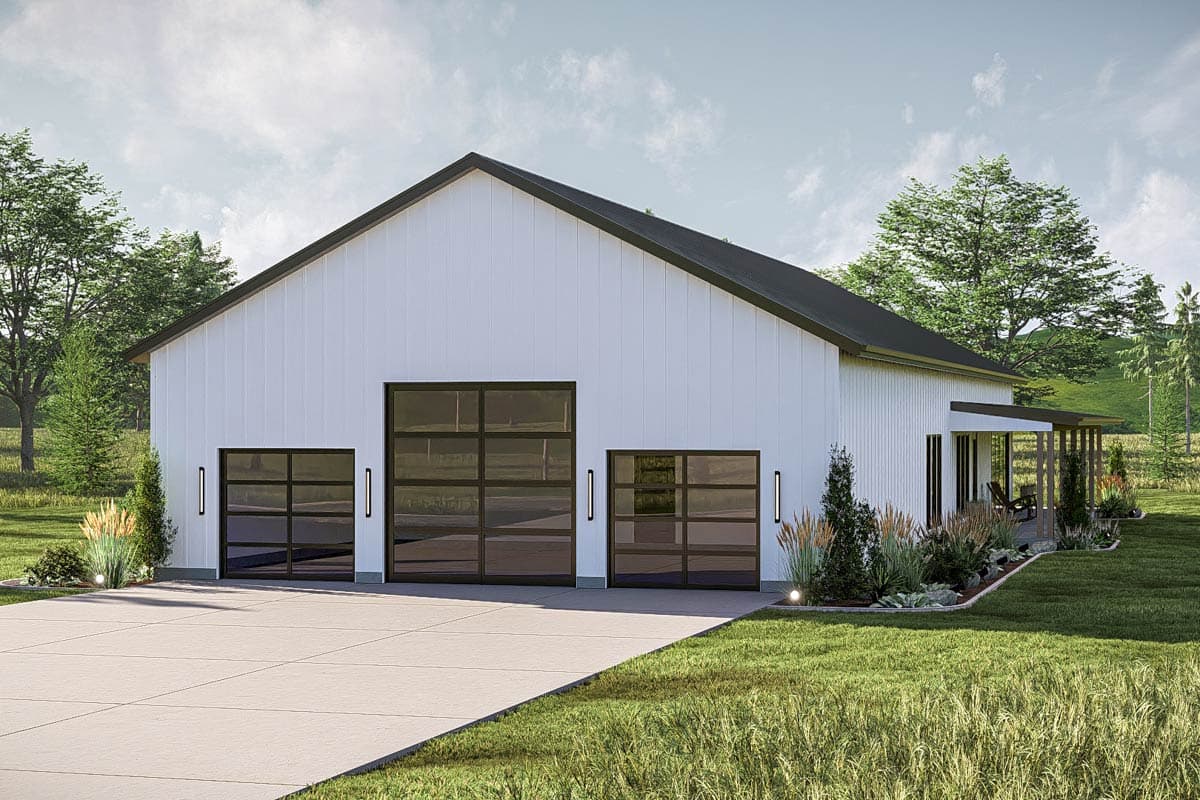 House plan exterior with a gabled roof, white vertical siding, three garage doors with glass panels, and a covered porch.