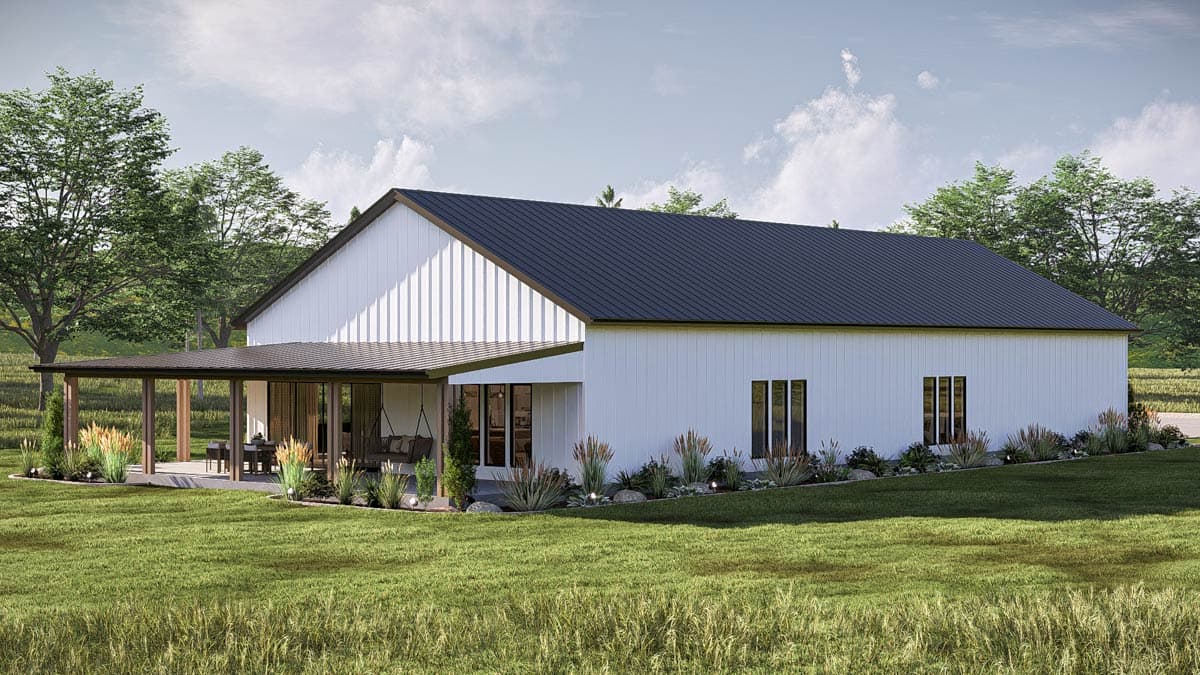 Modern Farmhouse house plan exterior with a covered porch, dark metal roof, and vertical siding.
