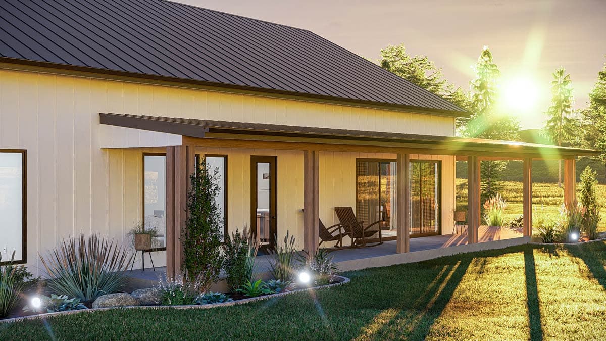 House plan exterior rendering, single-story home with metal roof, covered porch, and large windows.