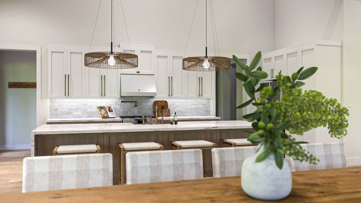 Kitchen rendering with large island, white shaker cabinets, subway tile backsplash, and two pendant lights.