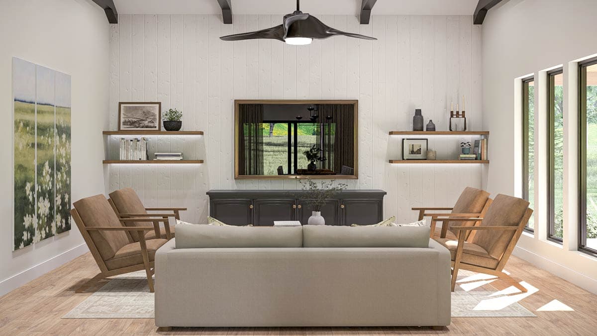 Living room rendering with white paneled walls, exposed beams, fireplace, modern seating, and large windows.