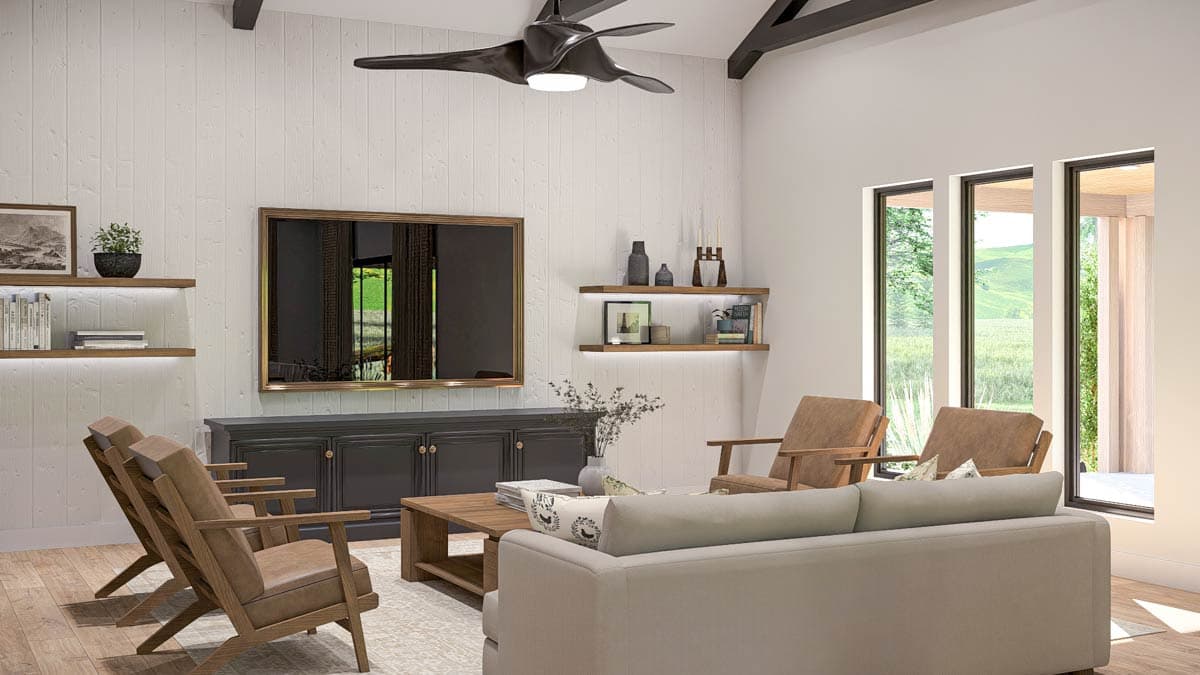 Living room with vaulted ceiling, exposed beams, shiplap walls, fireplace, and large windows.