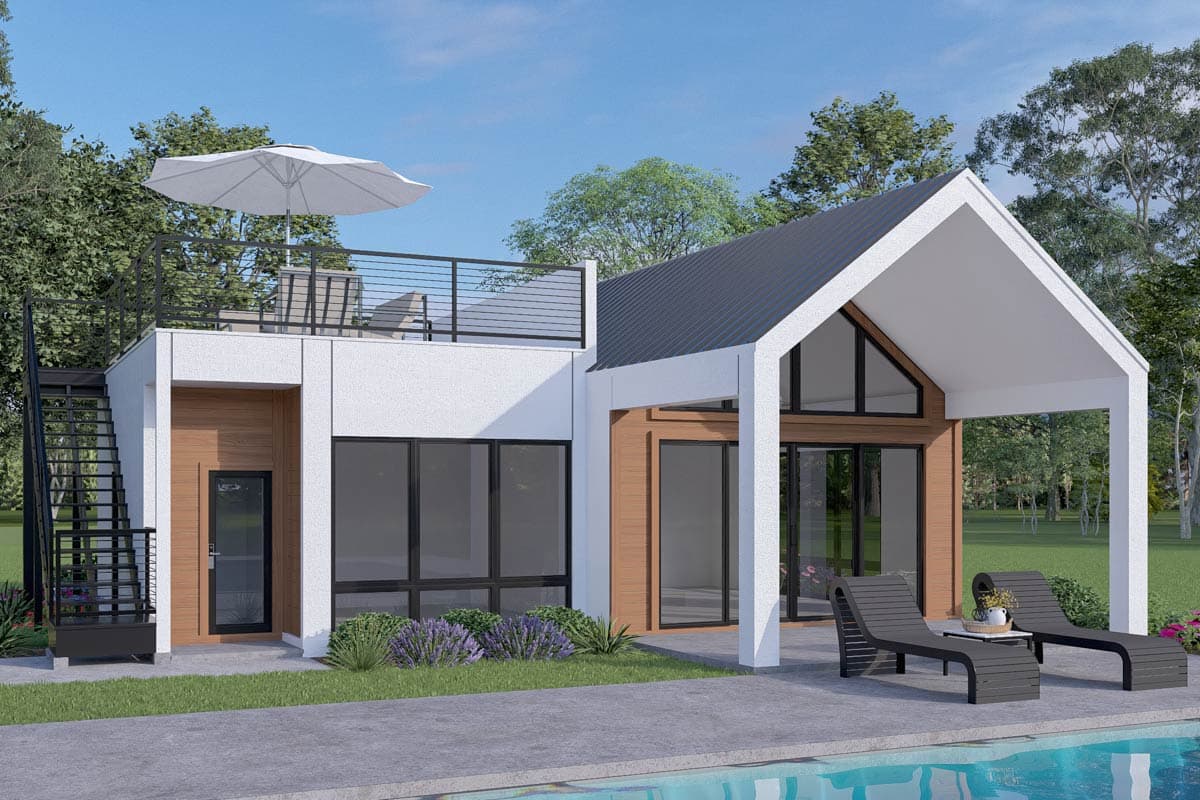 House plan exterior with modern design. Features include a gabled roof, rooftop deck, floor-to-ceiling windows, and a covered patio area.