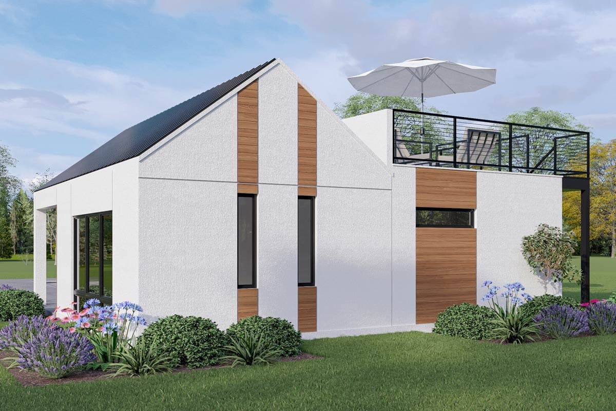 Modern house plan exterior with gabled roof, stucco finish, wood accents, and rooftop deck with railing.