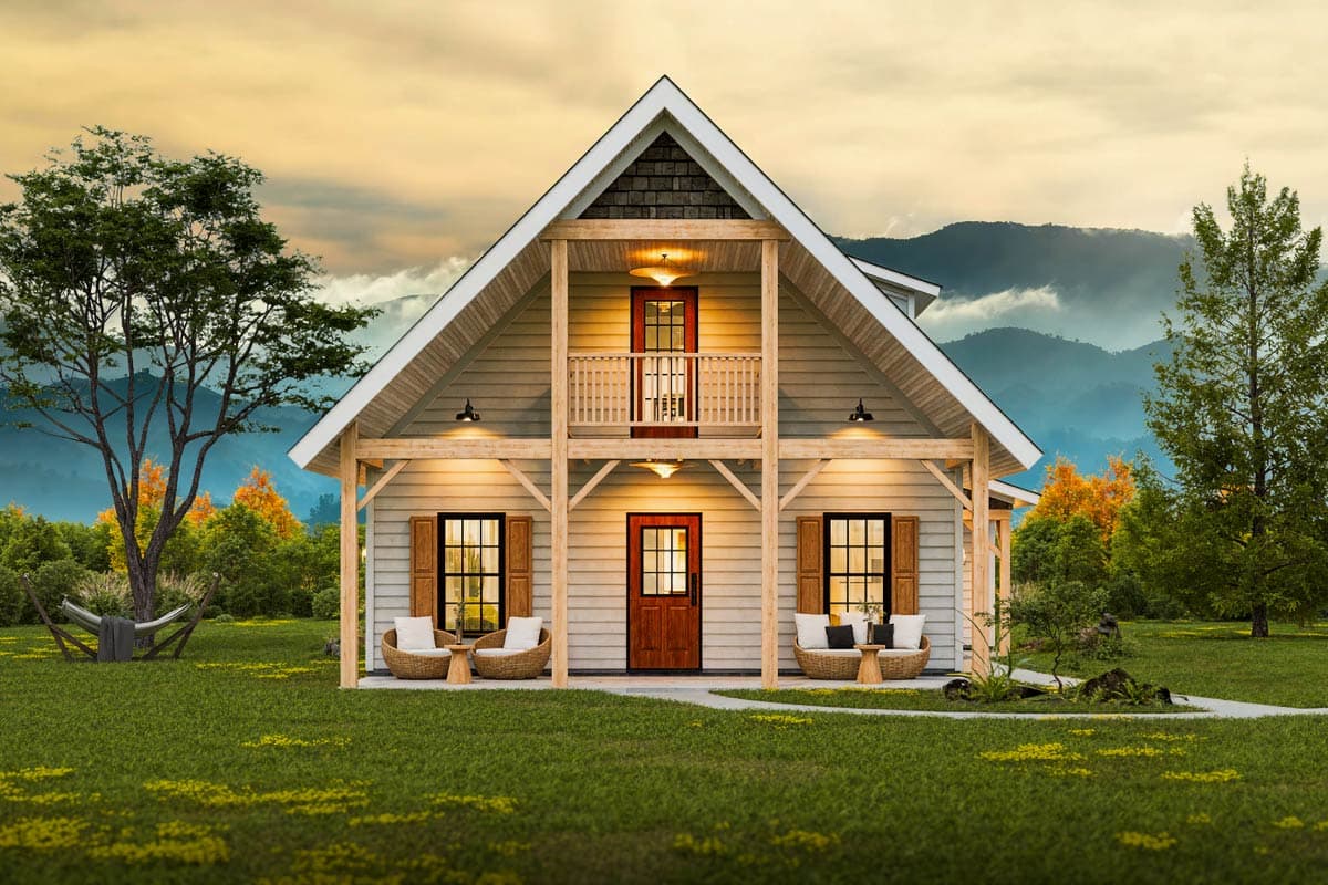 House plan exterior. Two-story, gabled roof, with a covered porch and balcony. Features wooden shutters and exposed beams. Exterior view.