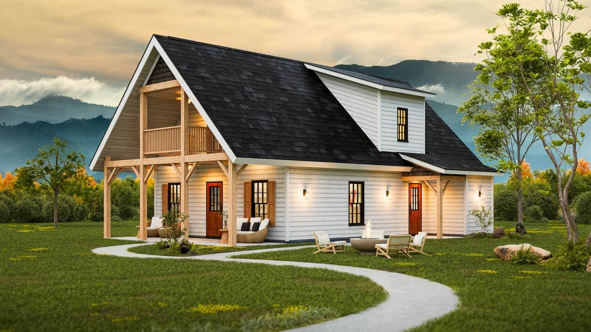 House plan exterior: Two-story modern farmhouse with a prominent gable, covered porch with timber posts, and dormer.