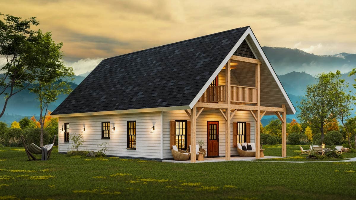 House plan exterior showing a two-story Modern Farmhouse with a covered porch, gables, and wooden beams.