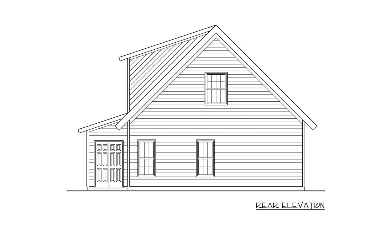 Rear elevation of a house plan showing a gabled roof, double door entry, and three windows.