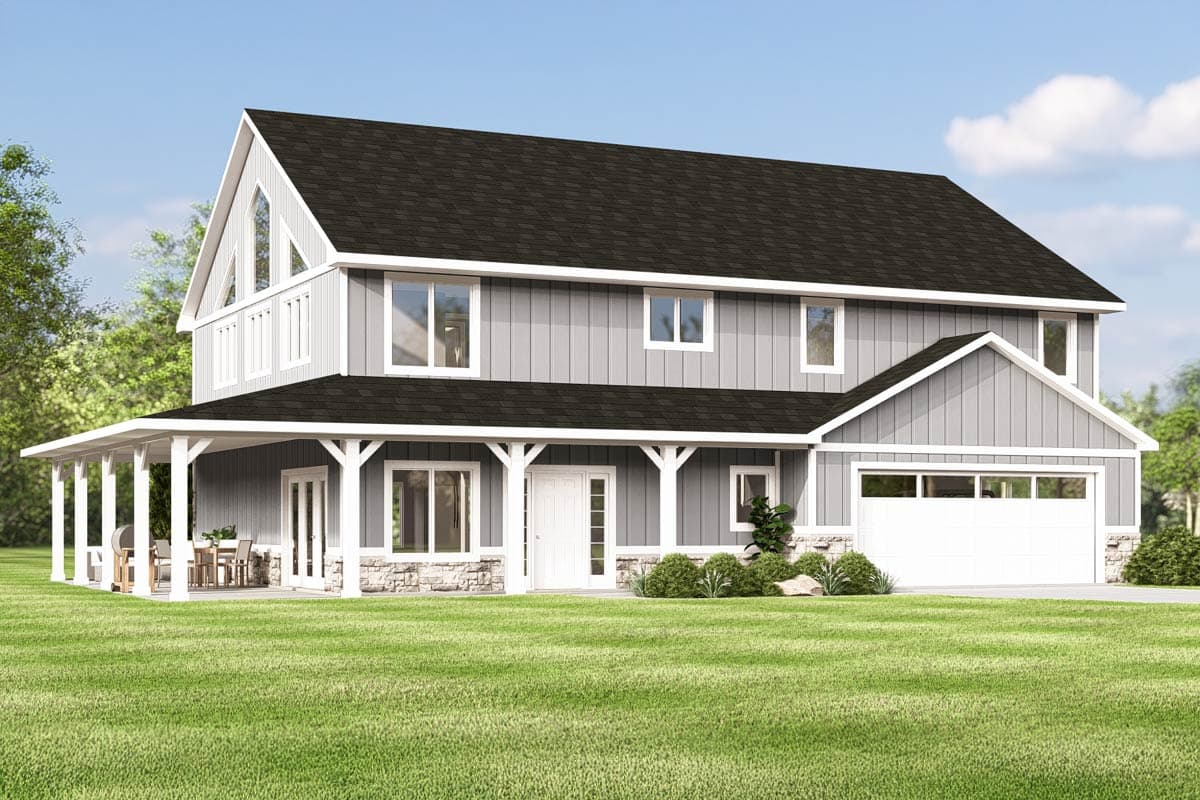 House plan exterior. Two-story Modern Farmhouse with a gabled roofline, front porch, and attached garage. Includes vertical siding and stone accents.