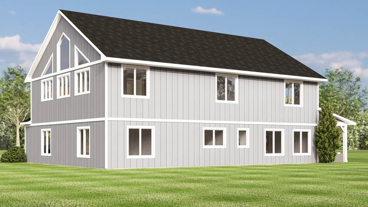 Two-story house plan exterior with a prominent gable end featuring triangular windows and vertical siding.