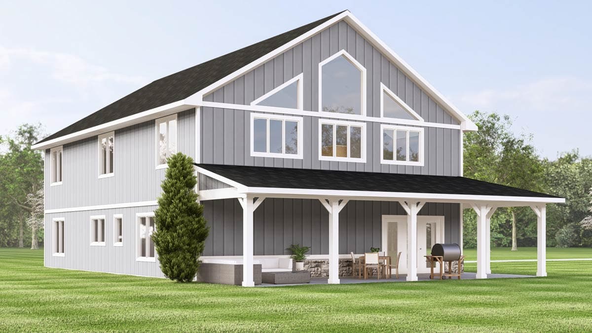 House plan exterior: Two-story modern farmhouse with gabled dormers, a wide covered porch, and prominent A-frame windows.