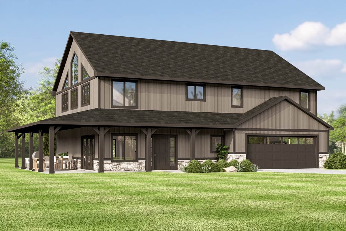 House plan exterior: Two-story modern farmhouse with a wraparound covered porch, stone accents, gable rooflines, and a two-car garage.