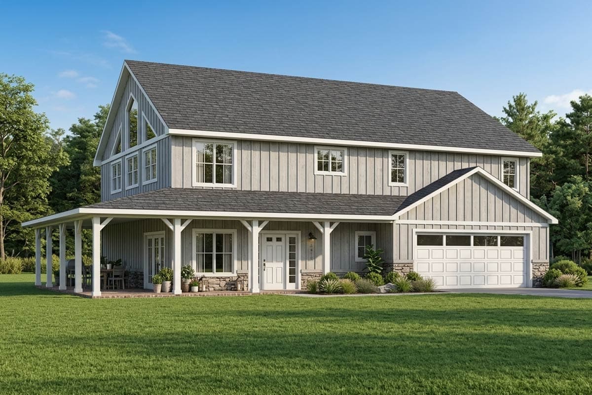 House plan exterior. Two-story Modern Farmhouse with a gabled roofline, front porch, and attached garage. Includes vertical siding and stone accents.
