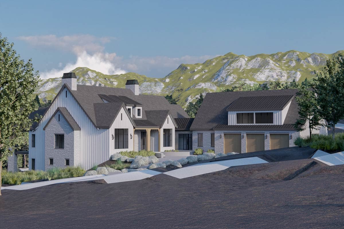 House plan exterior with board and batten siding, gable roof, and three-car garage. Features include dormers and a covered porch.