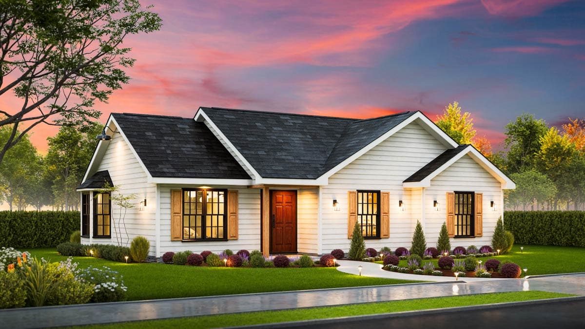 Modern Farmhouse style house plan exterior with white siding, dark gable roof, wood shutters, and a covered entry.